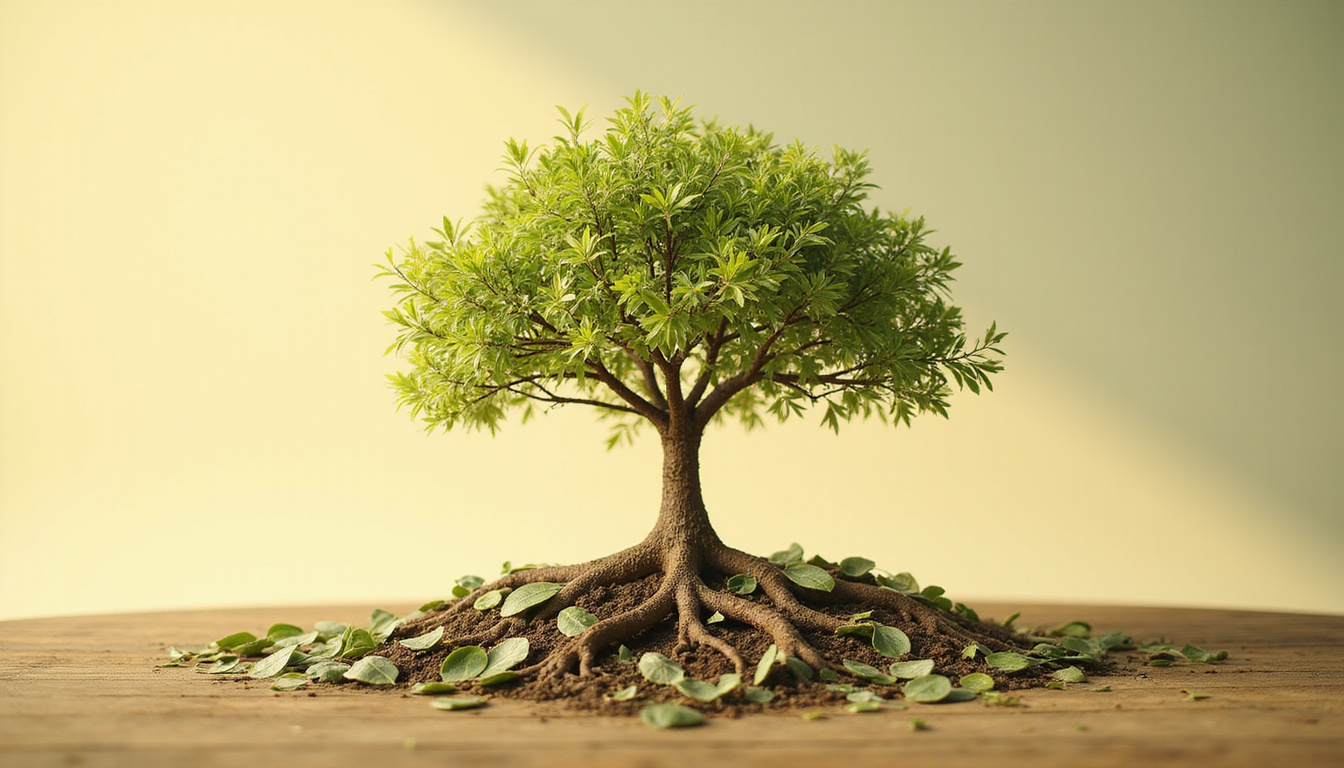  Sacred tree of business growth, heart-shaped roots, dollar-leaves, diverse team gathered, warm studio ambience