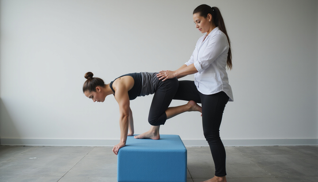  Physiotherapist guiding athlete through single leg stability exercise on foam pad, dynamic motion, focused determination