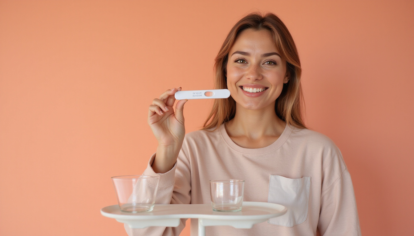  Woman holding test strip, translucent hormonal balance scales overlay, warm hopeful expression