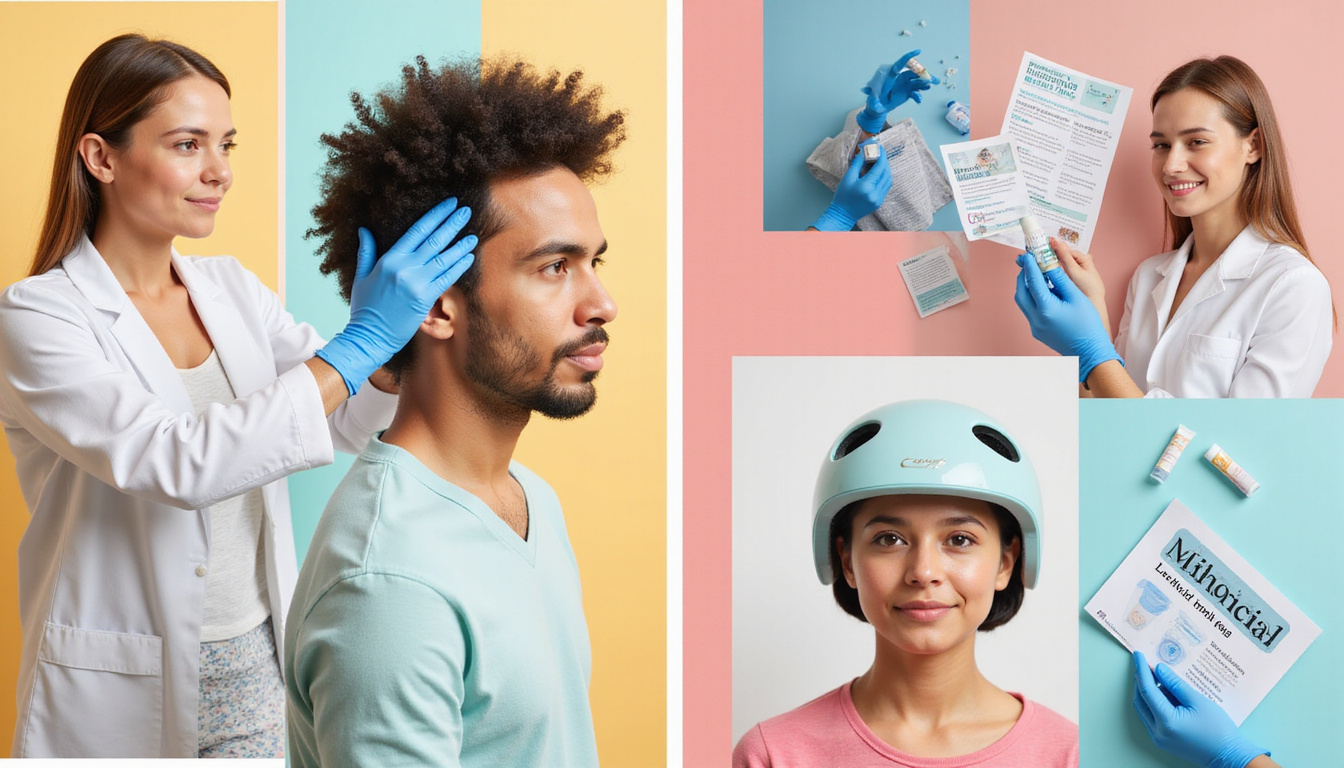  bright clinical collage of prevention and treatment: scalp massage, minoxidil, laser helmet, counseling pamphlets