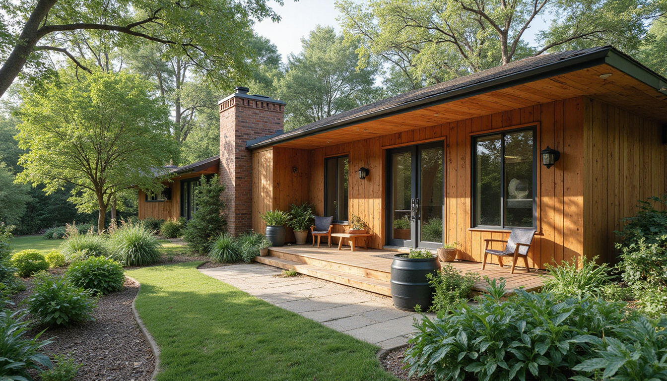  Eco-friendly materials, rainwater harvesting barrels, vegetable garden, energy-efficient appliances, cozy reclaimed wood finishes