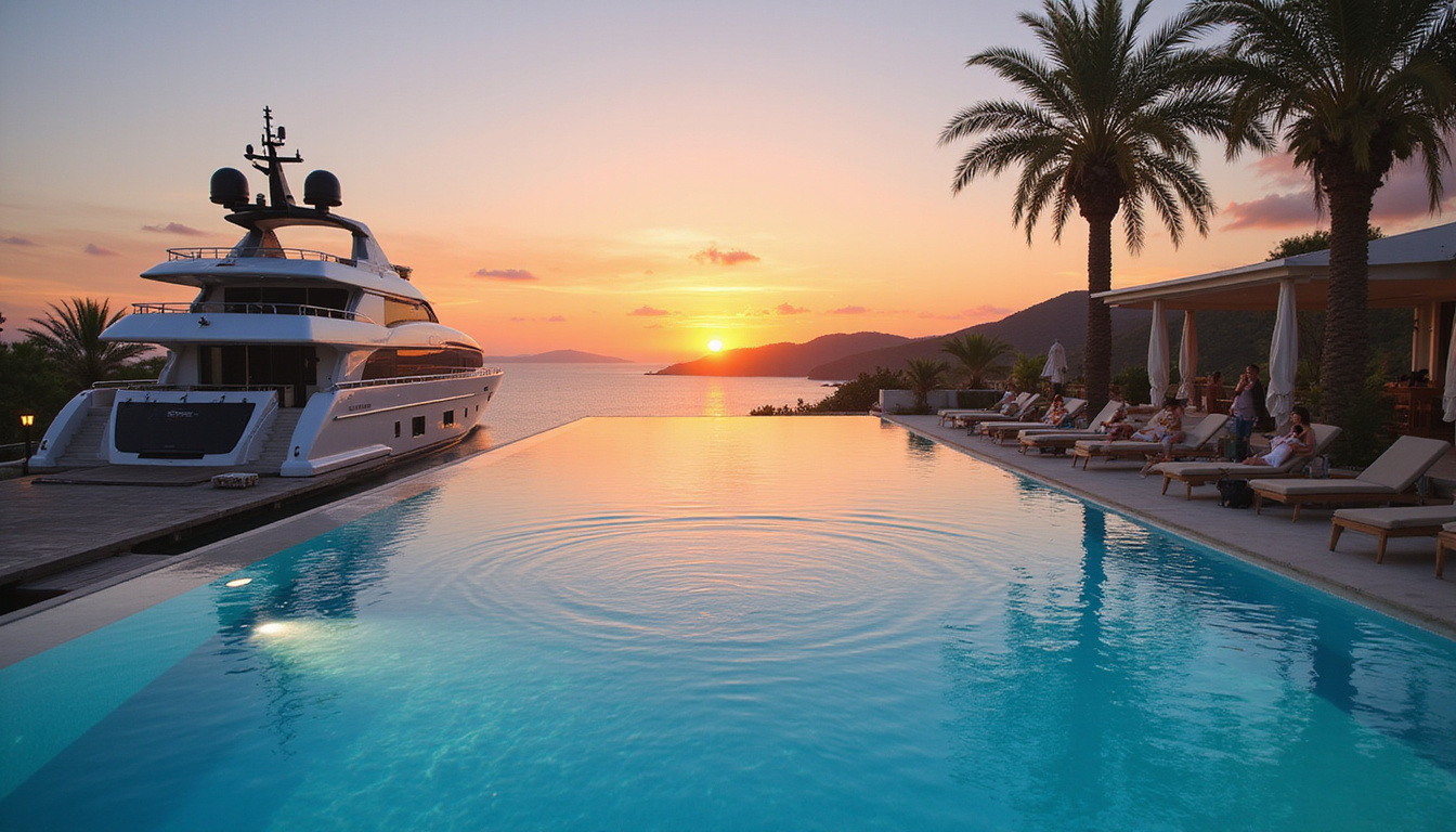  Rooftop infinity pool at sunset, palm trees, luxury yacht docking, VIP guests sipping champagne