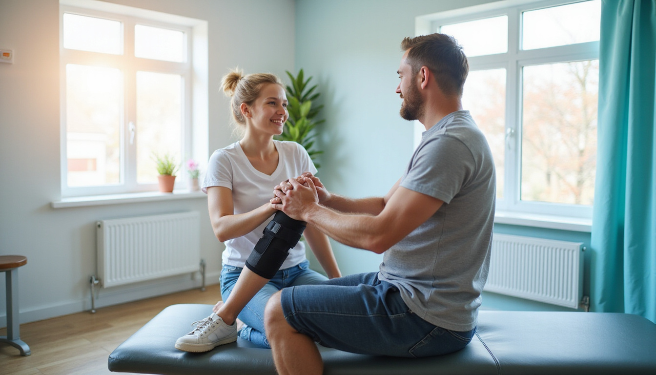  Physical therapist guiding patient through stability exercises, knee brace, bright clinic, hopeful expression