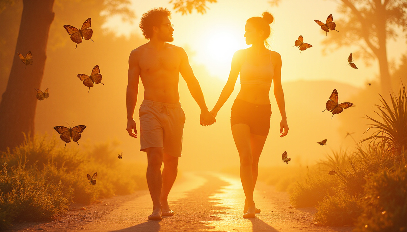 Dynamic before-and-after transformation silhouette surrounded by paleo ingredients, glowing healthy body, warm sunlight