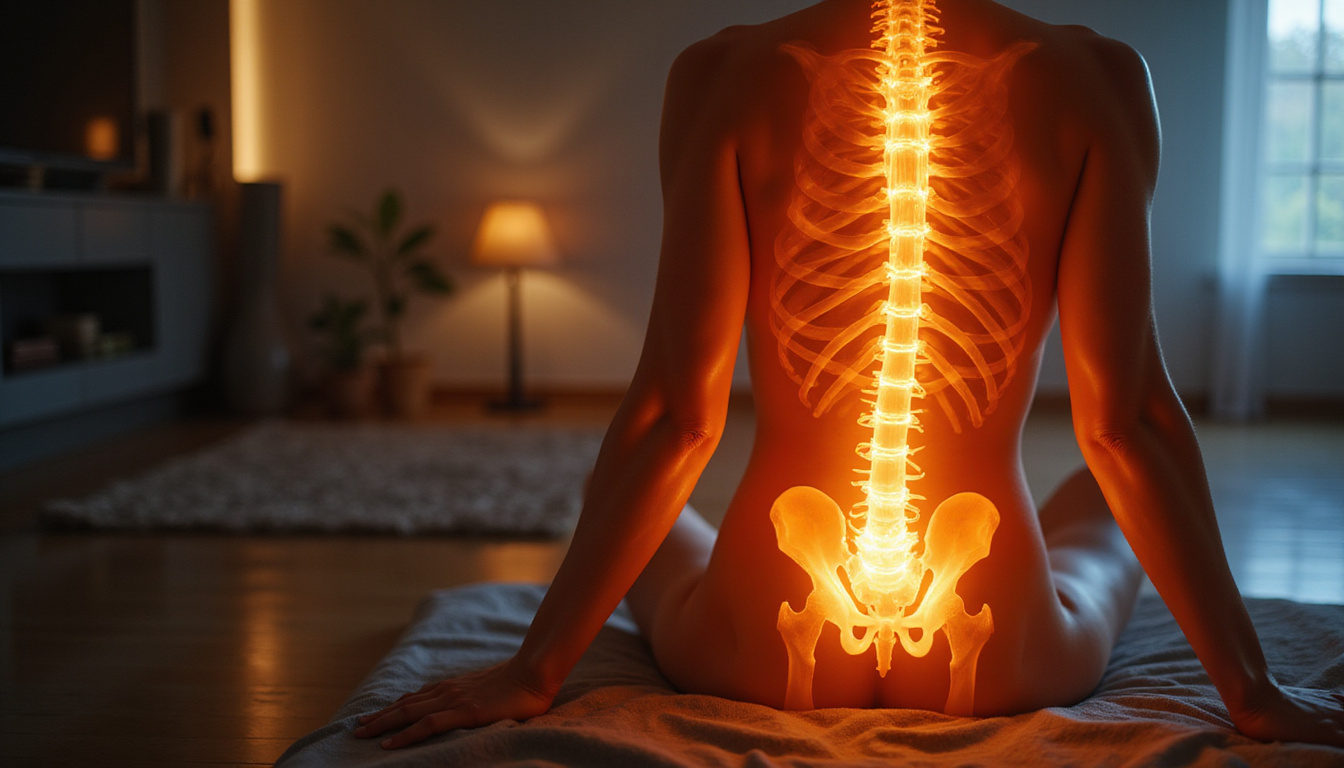 Relieved patient sitting, warm golden light highlighting joints, abstract electrical pulses soothing aching back