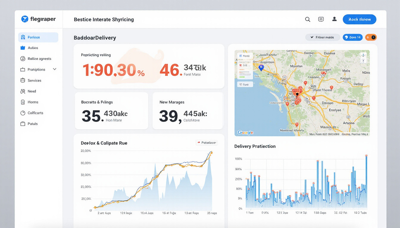  Infographic-style dashboard showing rising local delivery revenue, maps, icons, graphs, modern flat design