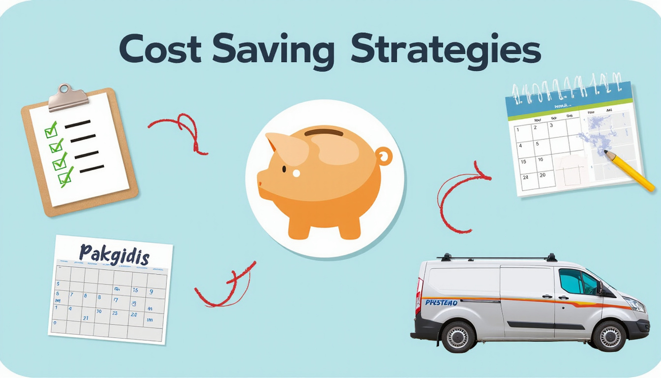  Cost-saving strategies visual: checklist, piggy bank, calendar, streamlined van, before-and-after declutter