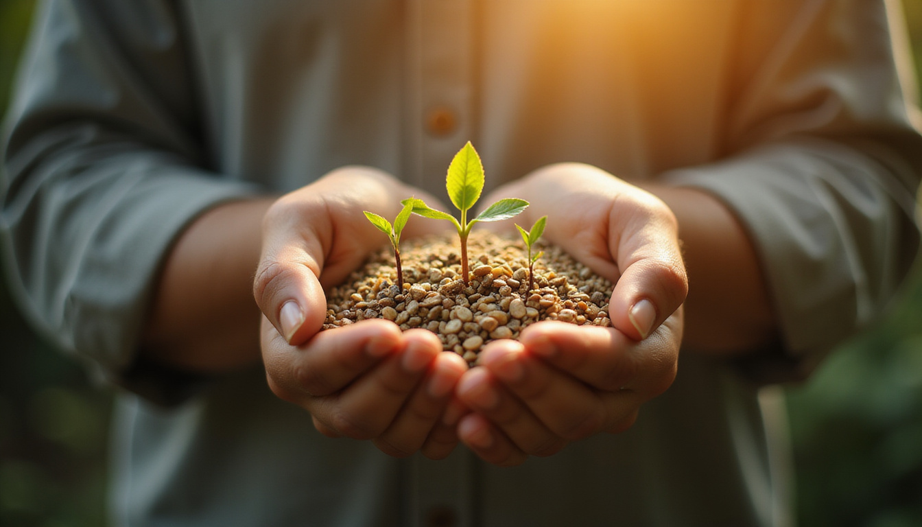  Hands cupped holding glowing seeds, tiny seedlings sprouting, symbolic blessings, soft bokeh background