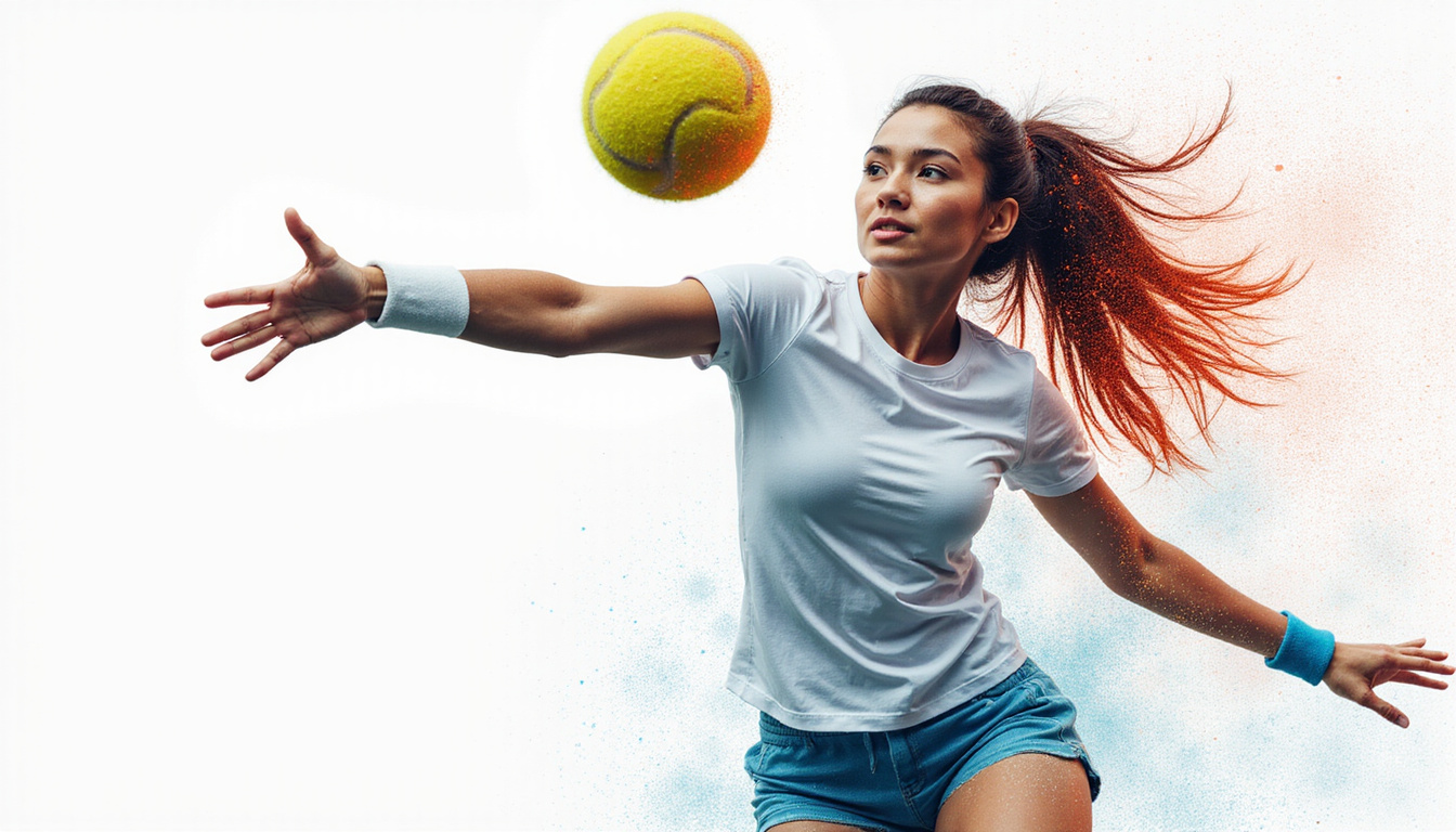  Dominant athlete executing powerful volley, visualized game plan overlay, calm breathing, confident gaze