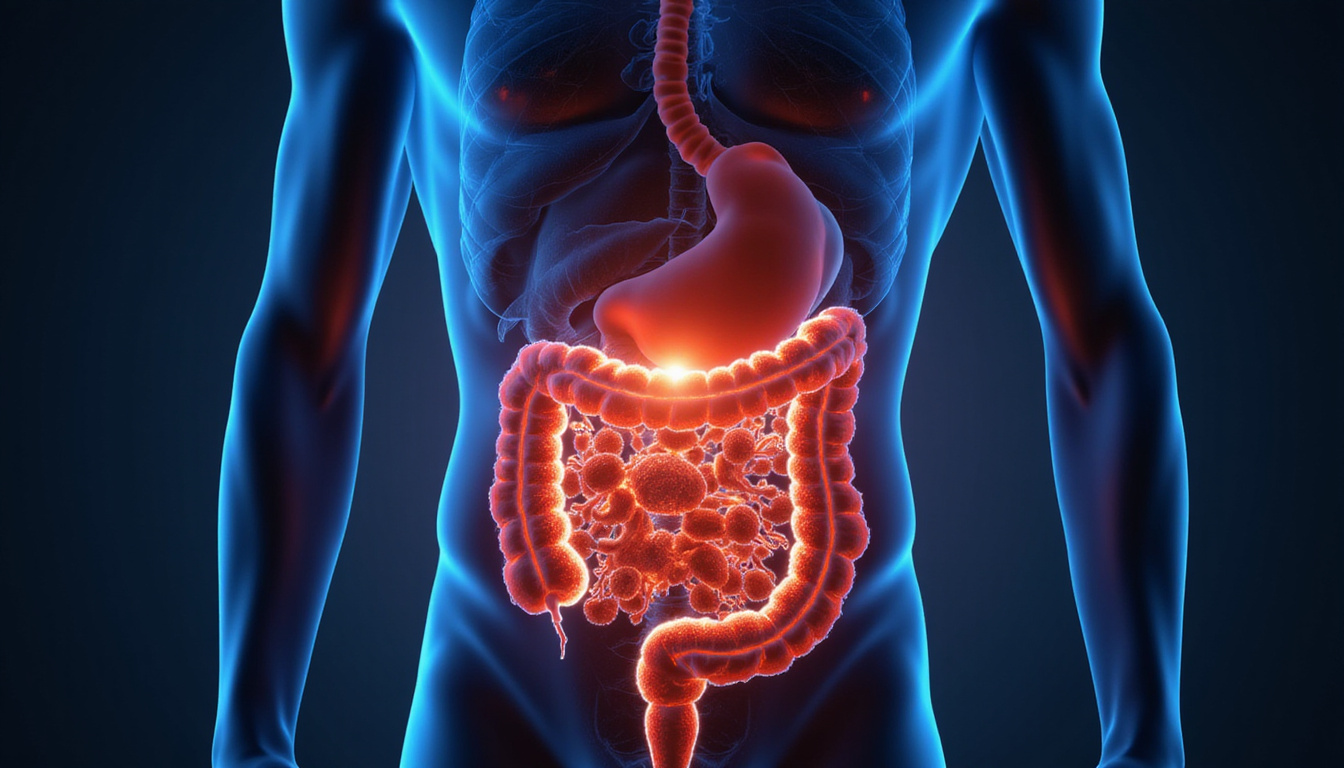  Human silhouette with radiant intestinal tract, shield of immune cells and metabolic gears glowing