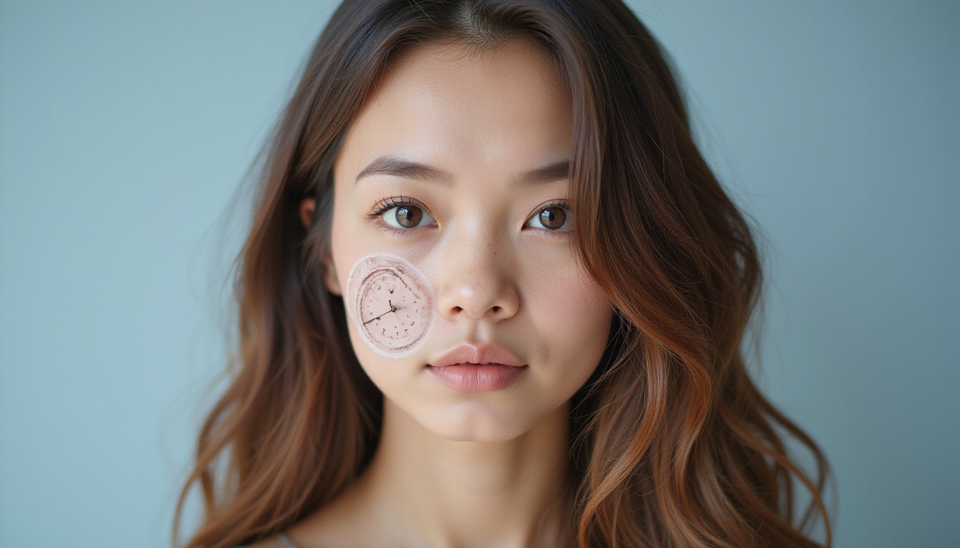  Split portrait healthy long hair versus thinning hair, microscopic follicles, clock overlay, modern medical style