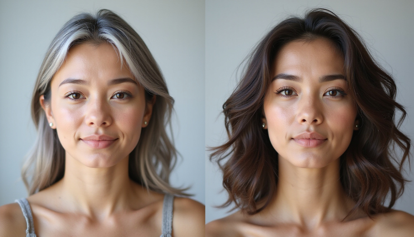  Split-screen before-and-after: thinning grey hair vs thick glossy mane, botanical treatments, serene expression