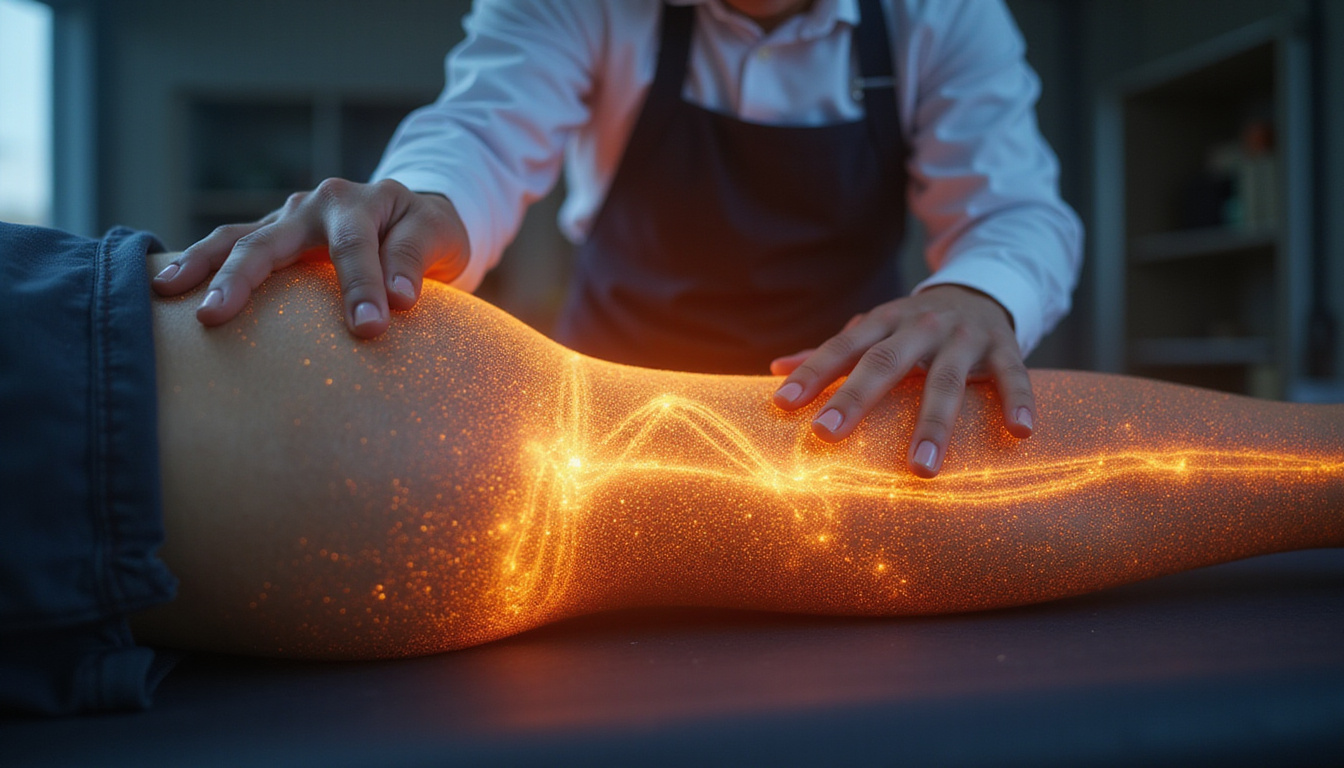  Expert physiotherapist applying manual therapy, glowing motion lines, accelerating recovery, compassionate atmosphere