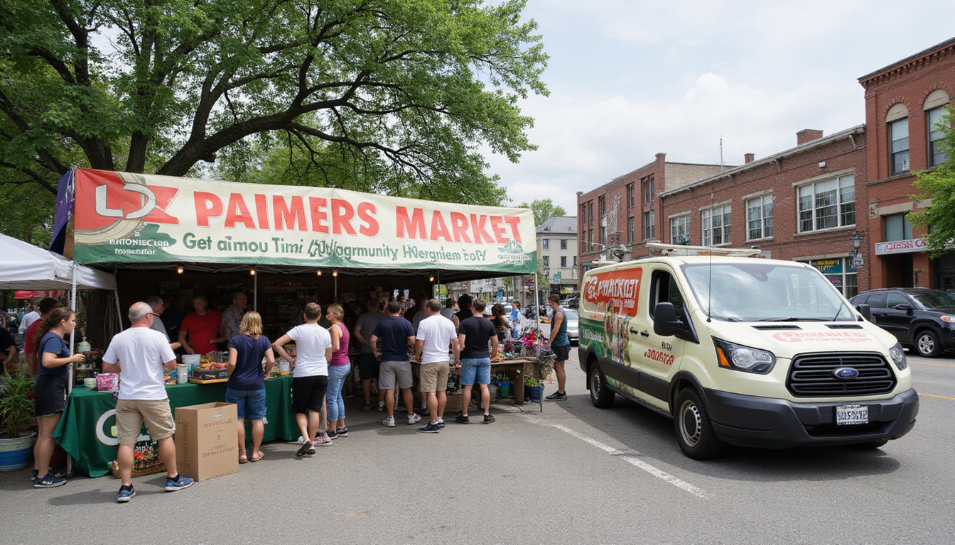 Crowded farmers market booth, eye-catching banners, branded vehicle wrap parked nearby, community gathering