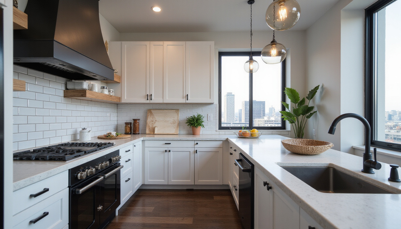  Modern kitchen remodel, matte black fixtures, waterfall quartz island, subway tile, recessed lighting, smart appliances, city view
