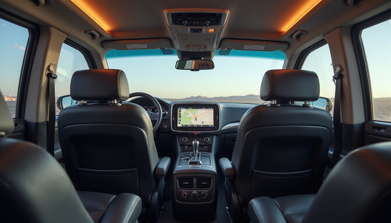 Interior perspective reclining passenger leather seats navigation screen showing Cairo map discreet security features
