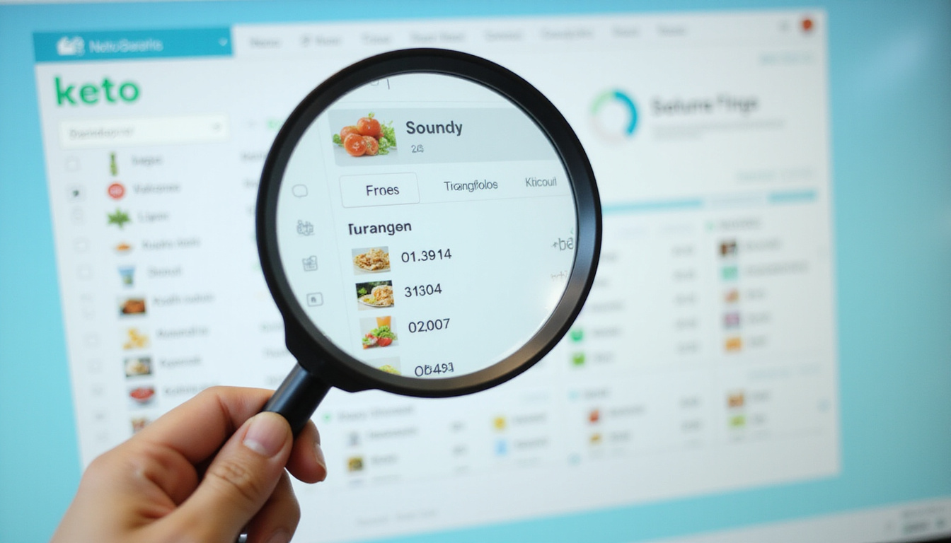 Stop guessing concept: person holding magnifying glass over food labels, clear keto tracking dashboard