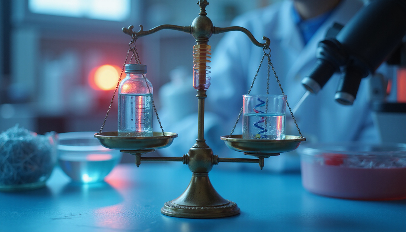 High-contrast image of syringe, petri dish, DNA helix under microscope, risk-benefit scales balancing
