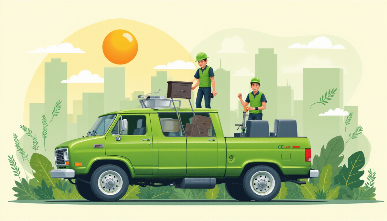  Green-branded pickup truck loading furniture, smiling technicians, recycling icons, infographic overlay, sunset