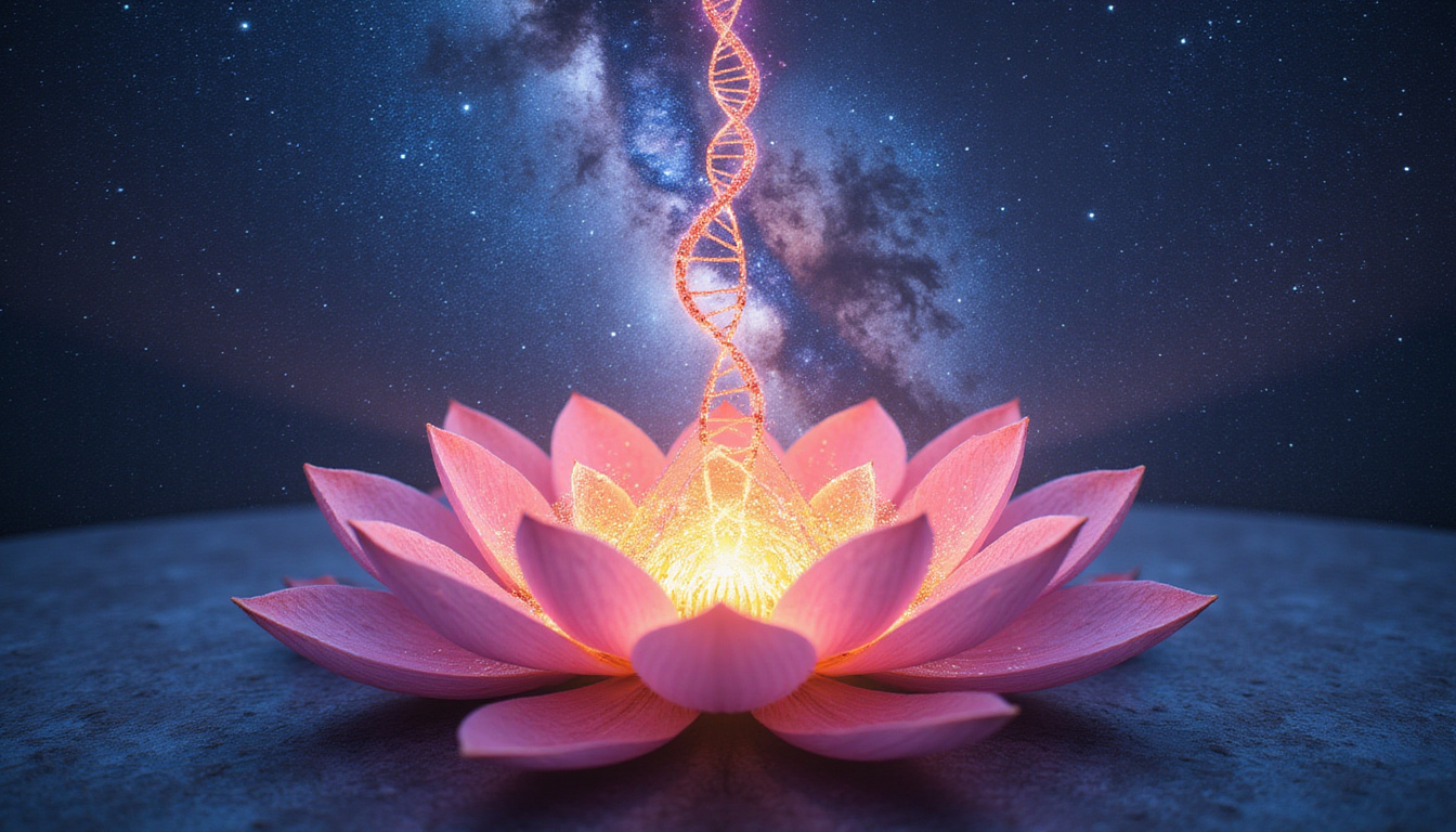 Lotus heart opening to starry galaxy, DNA strands glowing, ancient sigils whispering secrets