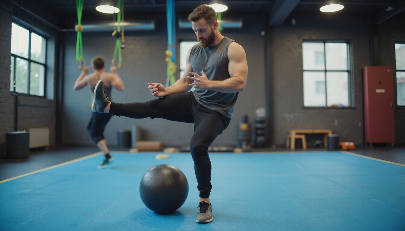  Coach-led dynamic warmup sequence: resistance bands, medicine ball slams, high knees, sharp footwork, cinematic close-up