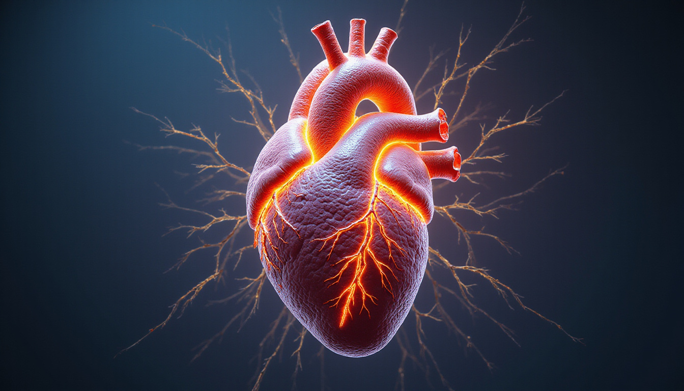  Human heart and brain intertwined, golden omega-3 strands weaving, vascular clarity, soft light