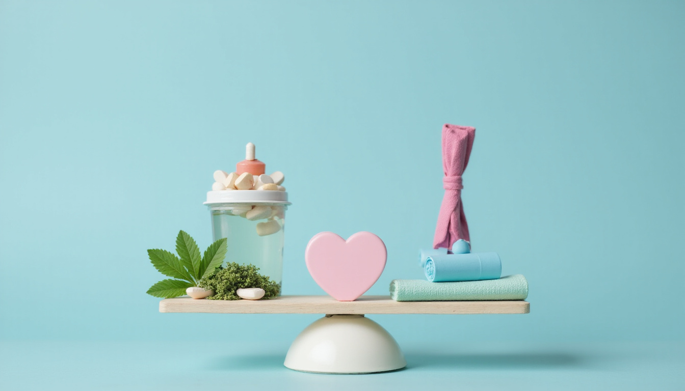  Symbolic balanced scale with pills, herbs, yoga mat, heart and risk icons, soft pastel