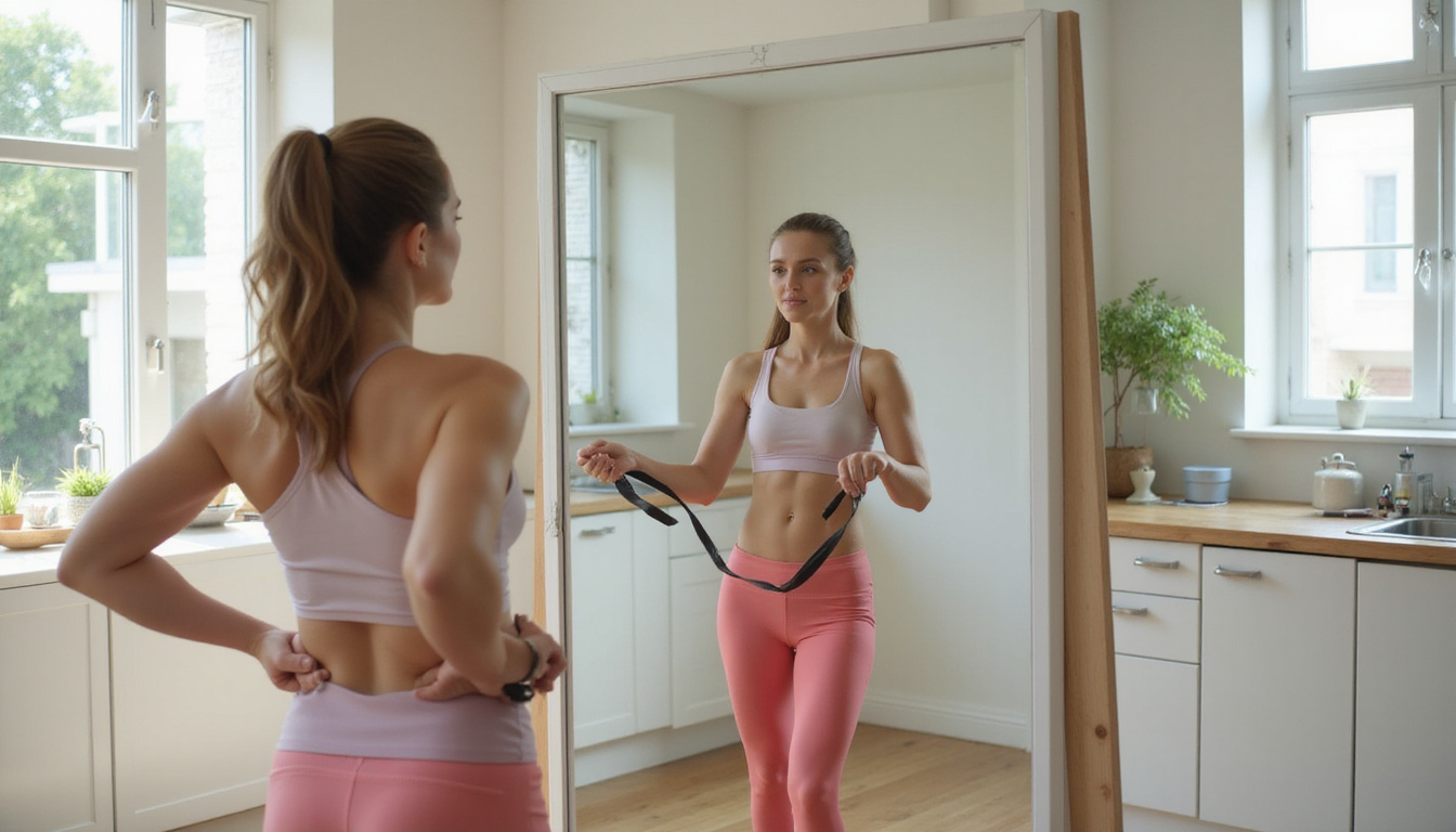 Woman using resistance band and mirror during morning mobility routine in bright kitchen, determined