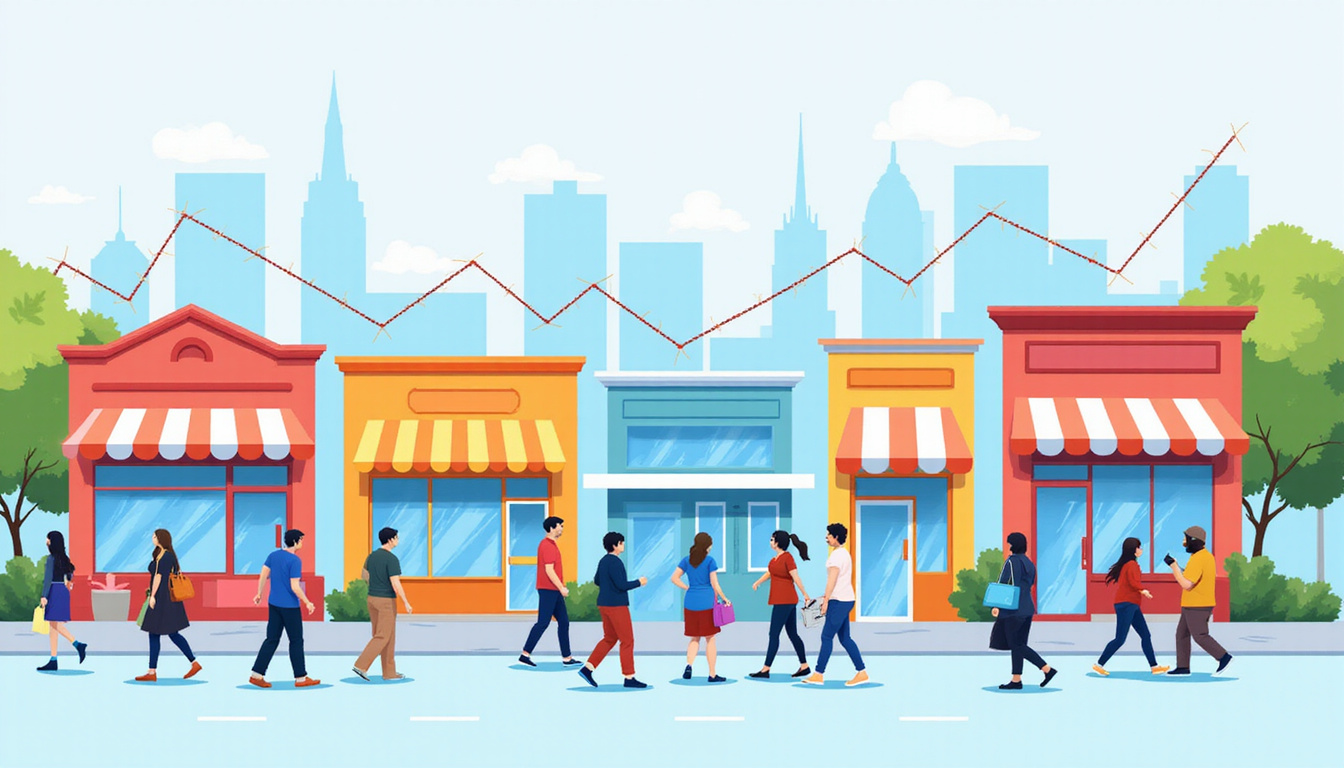 Colorful local storefronts connected by digital lines, rising graph arrows, bustling foot traffic