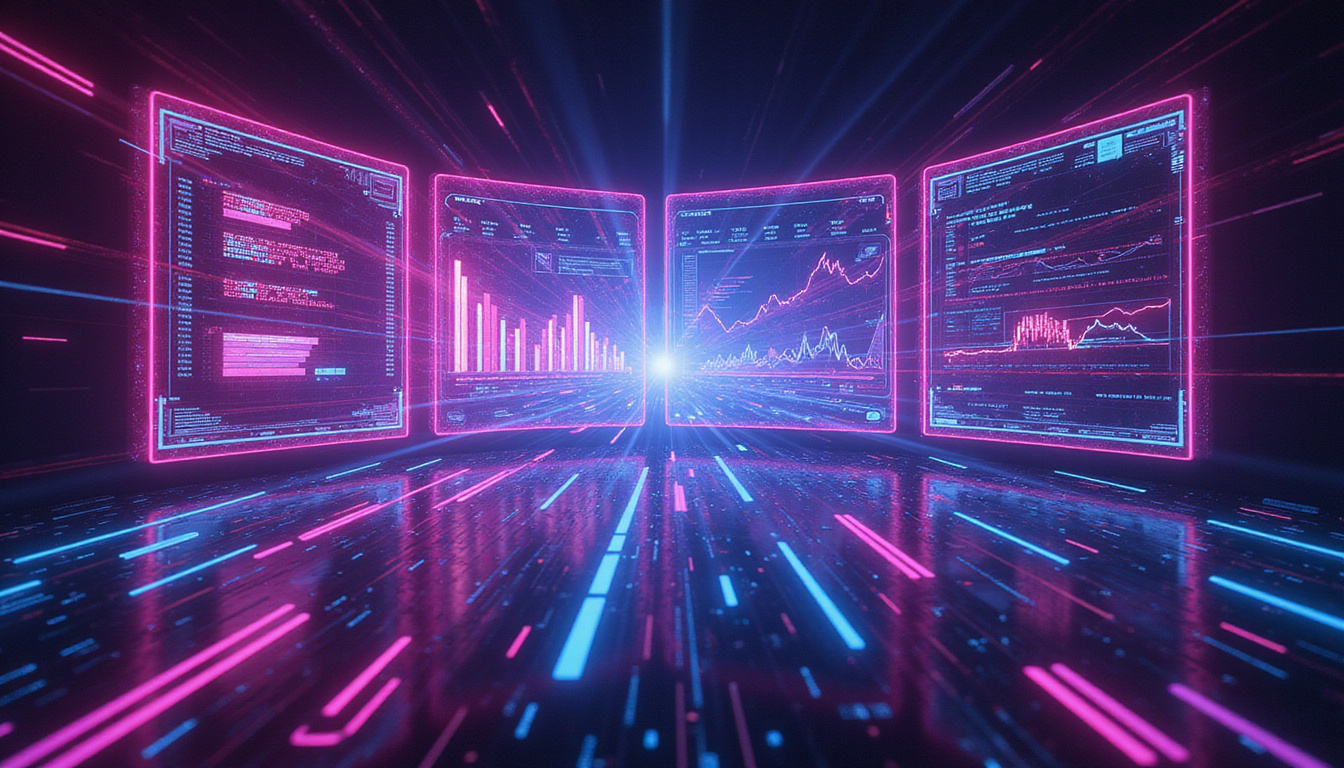 High-conversion landing page split-screen A/B/X variations, conversion metrics exploding, futuristic neon interface