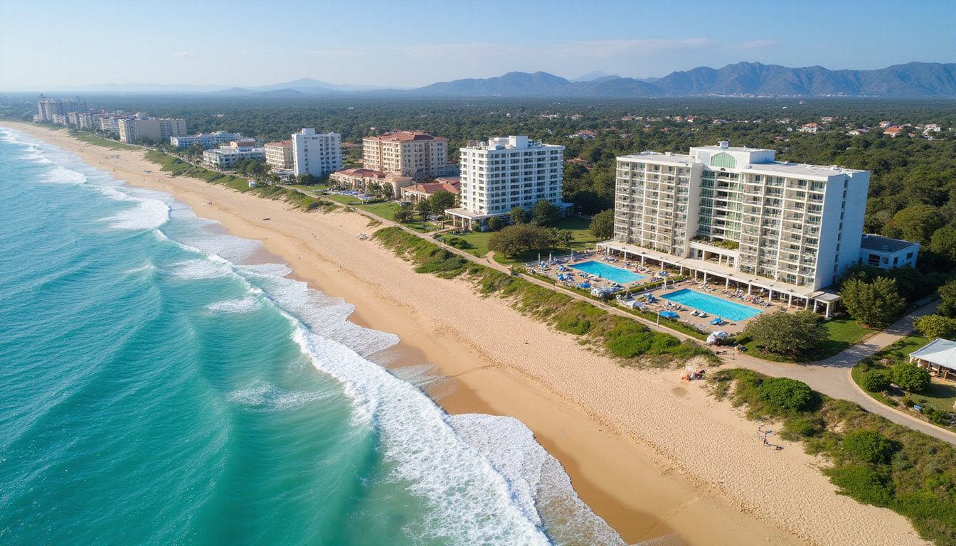  Aerial view of North Coast hotels lining golden sands, families, private pools, spa terraces