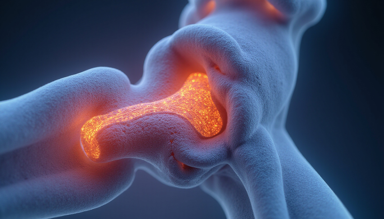  Cross section hip implant articulating with cartilage, nanoscale friction pathways illuminated, clinical research aesthetic