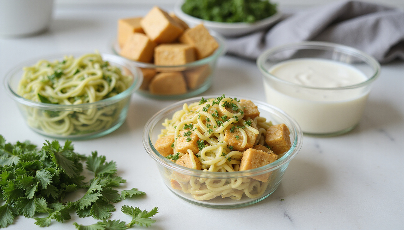  Minimalist kitchen scene with meal-prep containers of zoodles, tofu, coconut milk dressing, fresh herbs
