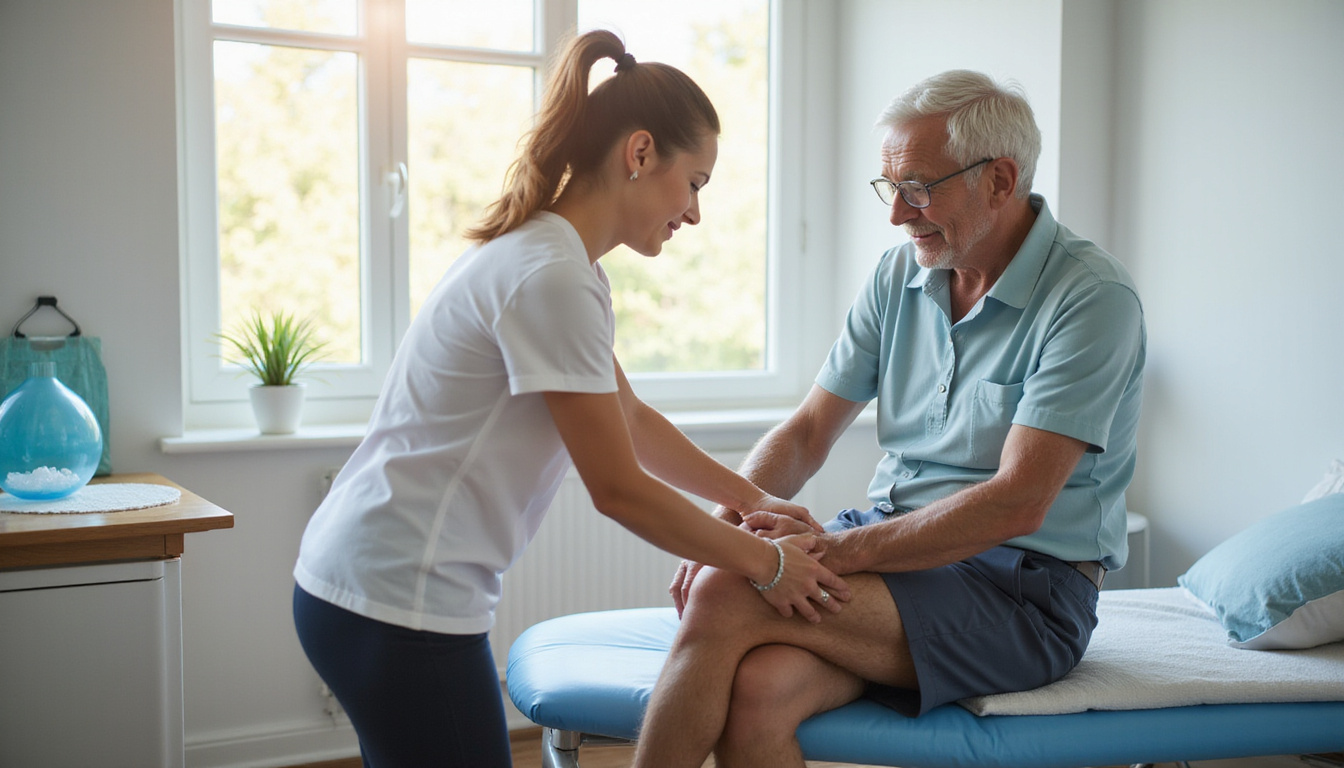 Physical therapist guiding senior through hip-strengthening exercise, bright clinic, ice pack, comforting sunlight