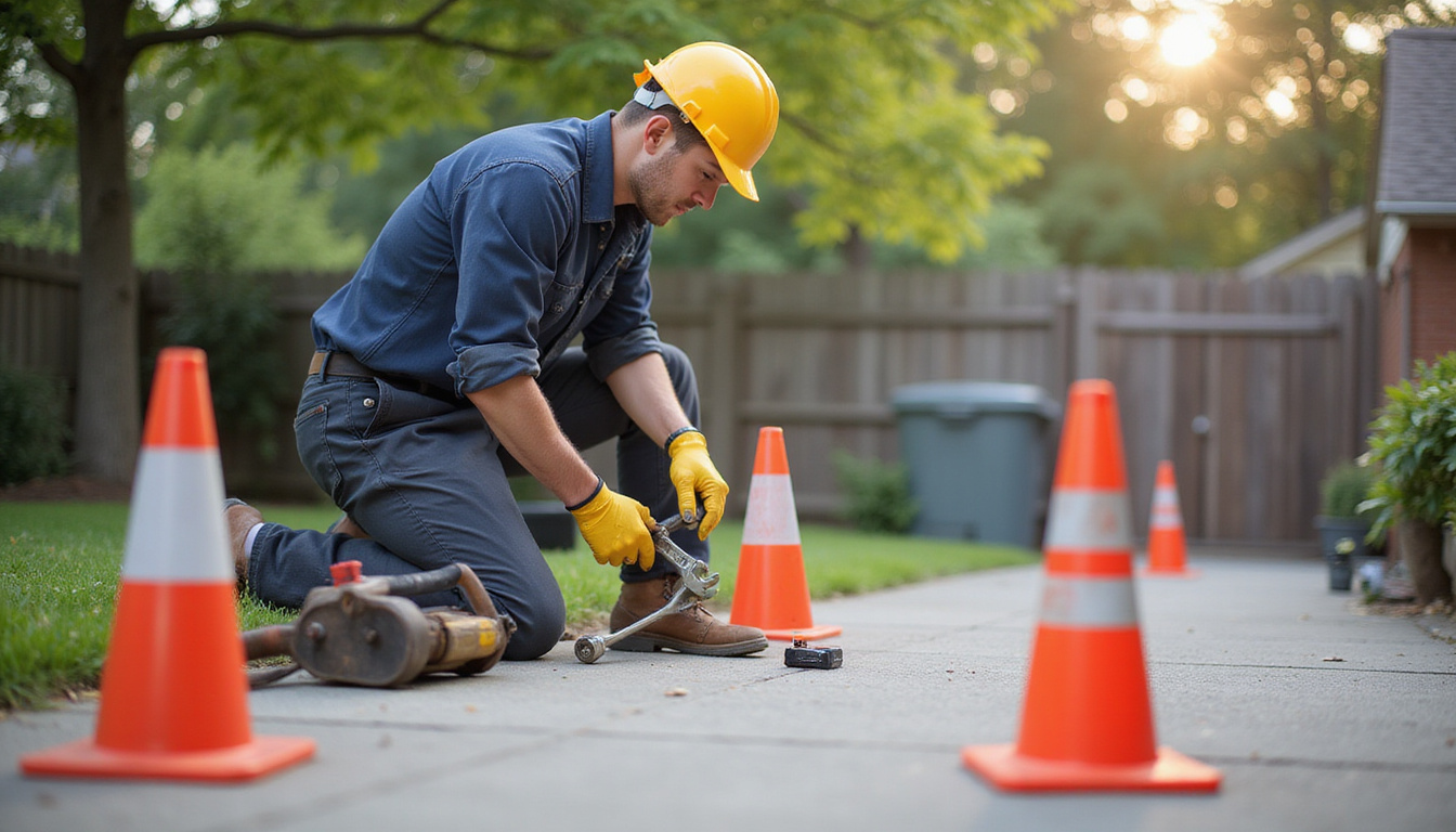 Professional technician using wrench and dolly, clear safety cones, warning signs, calm suburban backyard