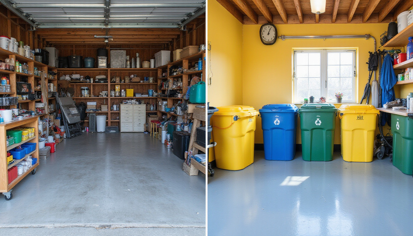  Before-and-after split image: cluttered garage transformed to tidy space, recycling bins, money-saving checklist overlay