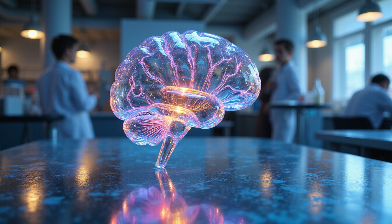  Glass brain floating above laboratory table, humming quantum circuits, researchers reflected in iridescent surface