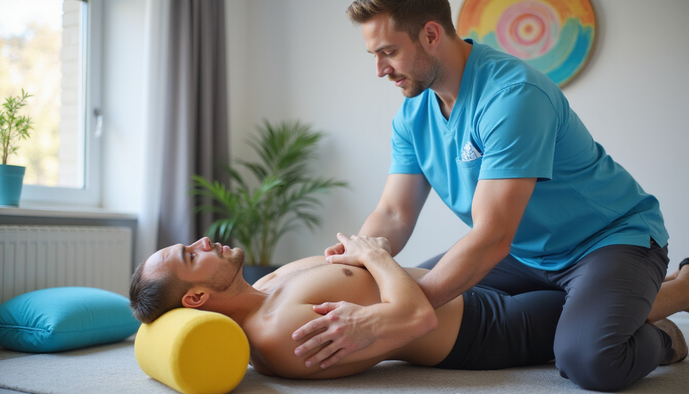  Physiotherapist guiding athlete through stretching and foam-rolling, vibrant clinic, focused relieved expression
