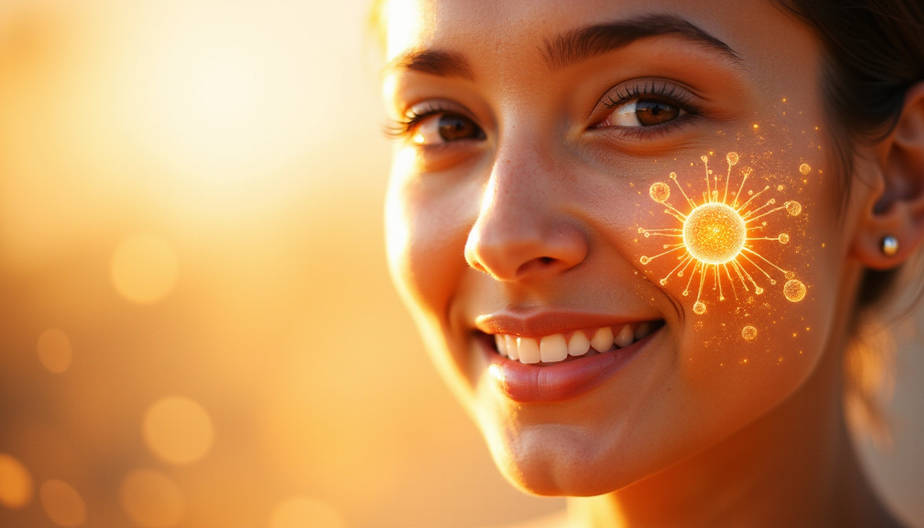  Smiling person with radiant skin, shield of translucent molecules representing immunity, warm sunlight