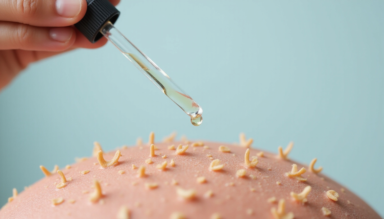  Close-up glass dropper releasing gel onto epidermis, molecular shield icon, zero hormonal side effects