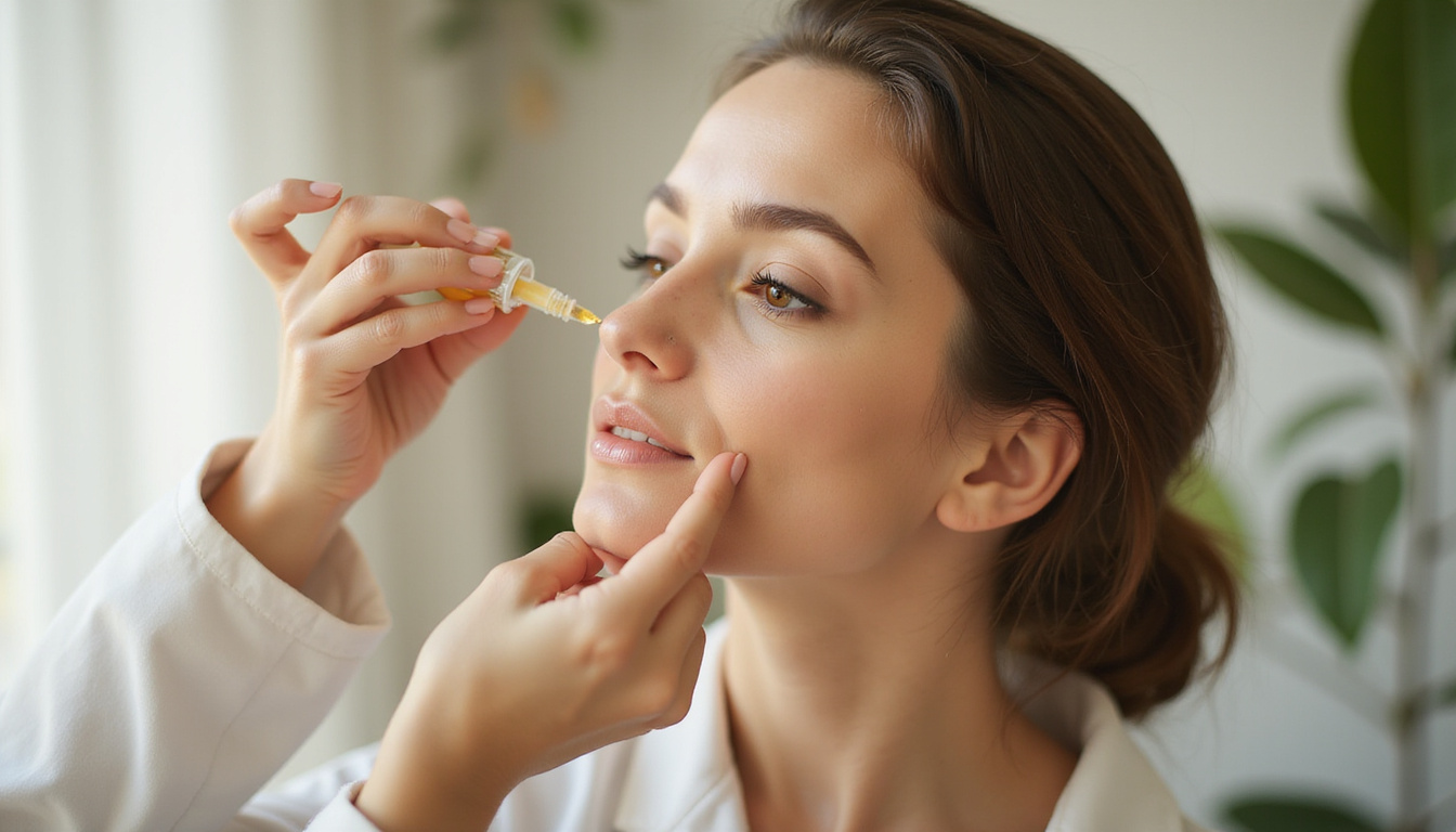  Dermatologist applying nourishing serum to thickening hair, botanical extracts, warm natural light