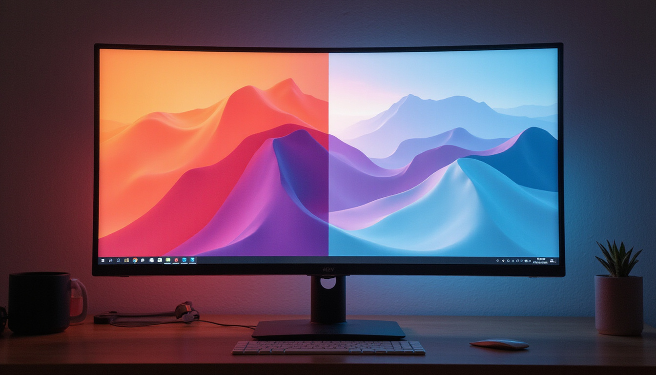  Split-screen image: vibrant on monitor, identical print half, ICC profile charts, warm studio light