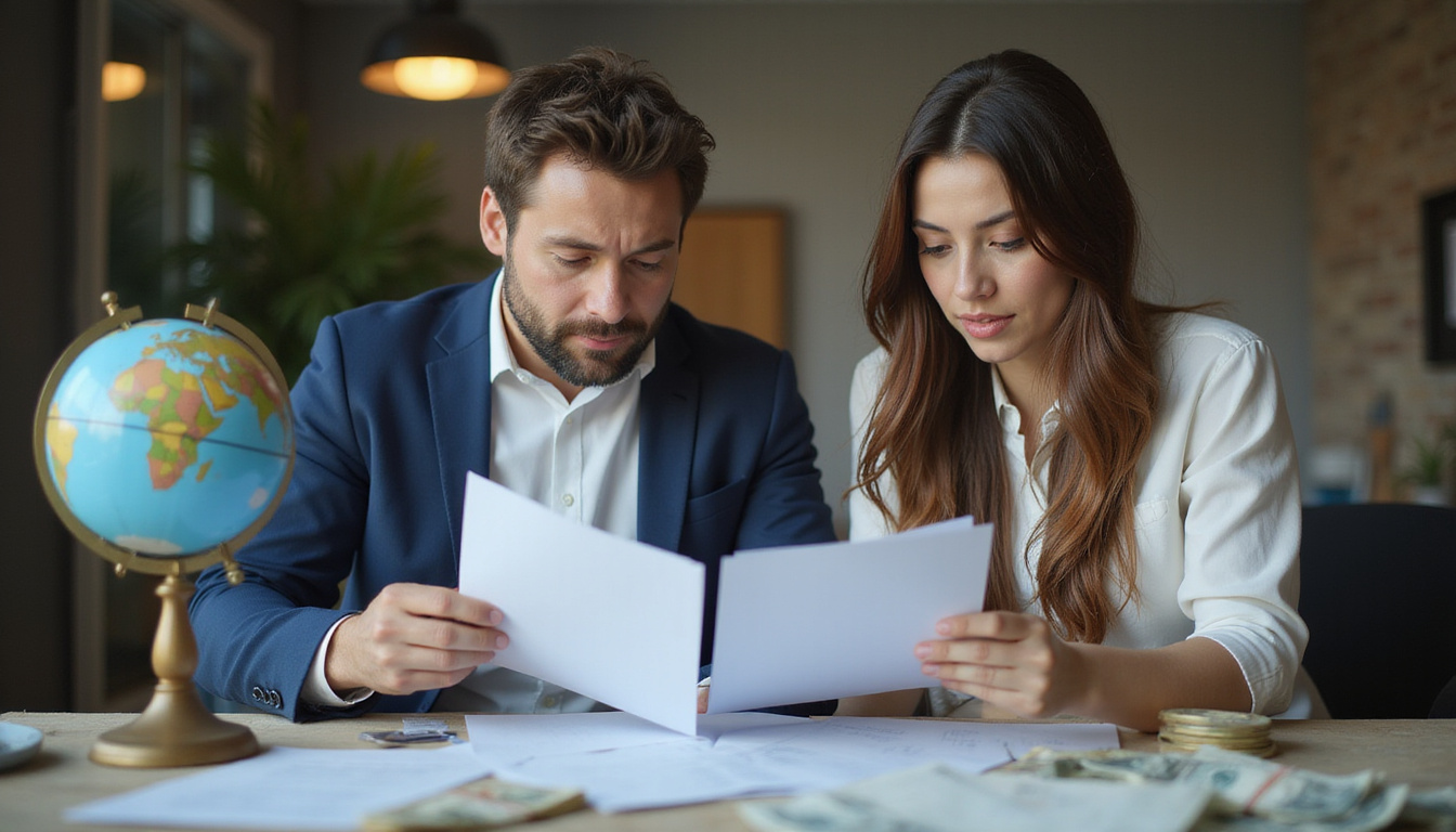  Concerned couple reviewing property papers with lawyer, currencies, globe, emphasize caution, dramatic lighting