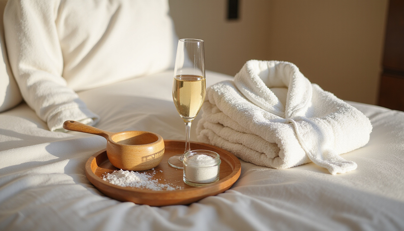  Serene bedroom spa vignette: plush robe, wooden tray with bath salts, glass champagne, soft linen