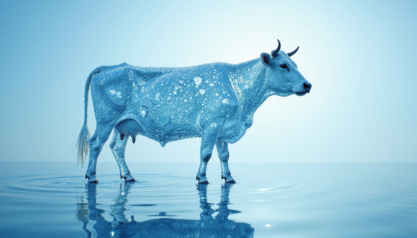  Serene spa scene with cow silhouette composed of translucent water molecules, skin hydration metaphor