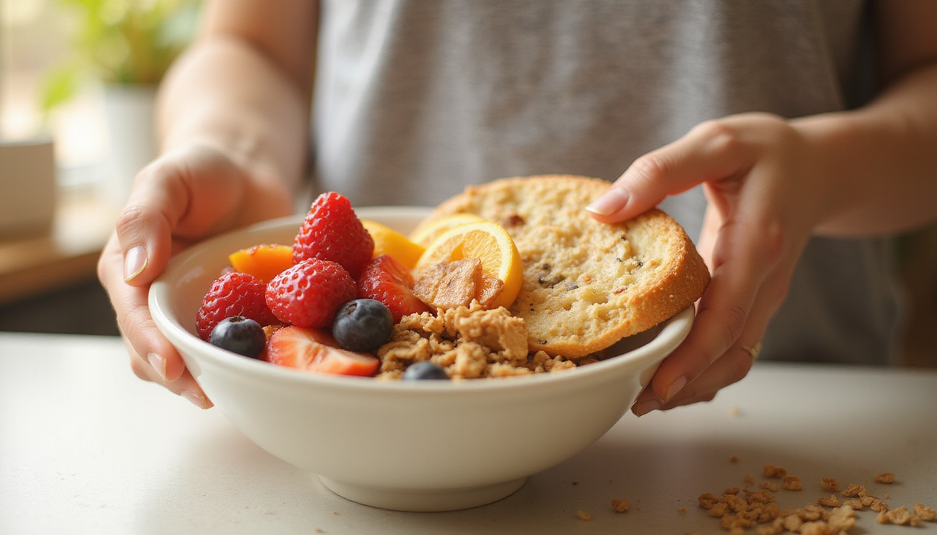 Bright energized person replacing pastries with whole grain bowl, sunlight, fresh fruit, vibrant colors
