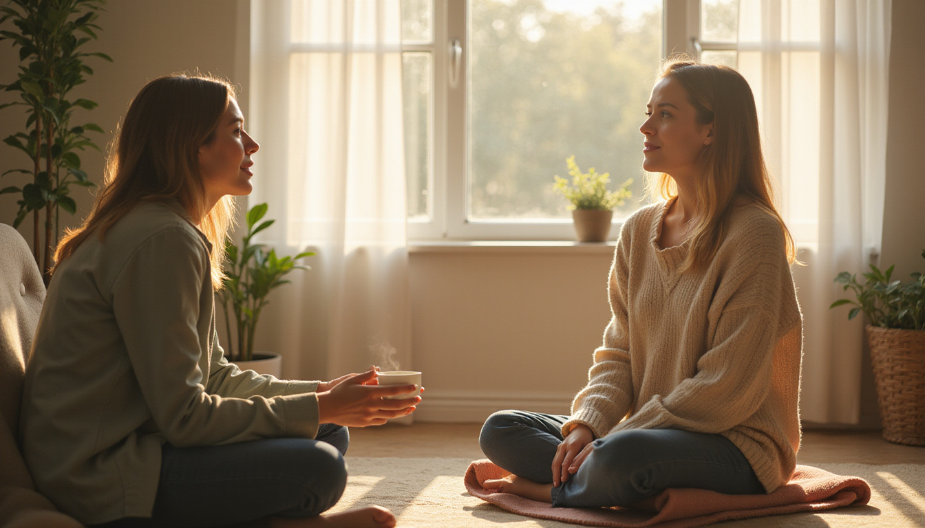  Woman sitting in sunlit counseling room, therapist reaching out, alternatives like yoga mat, herbal tea
