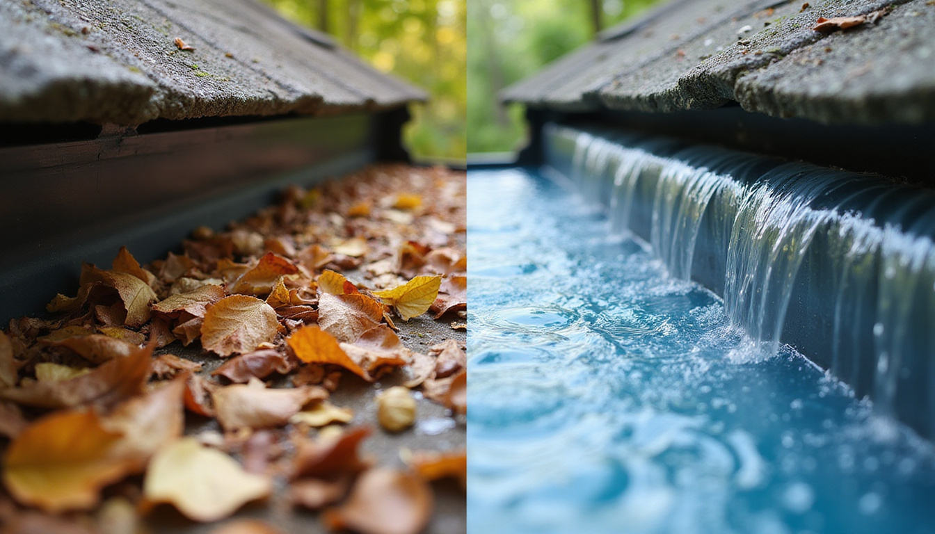Split-screen before-and-after: clogged gutter full of leaves vs sparkling gutter with smooth water flow