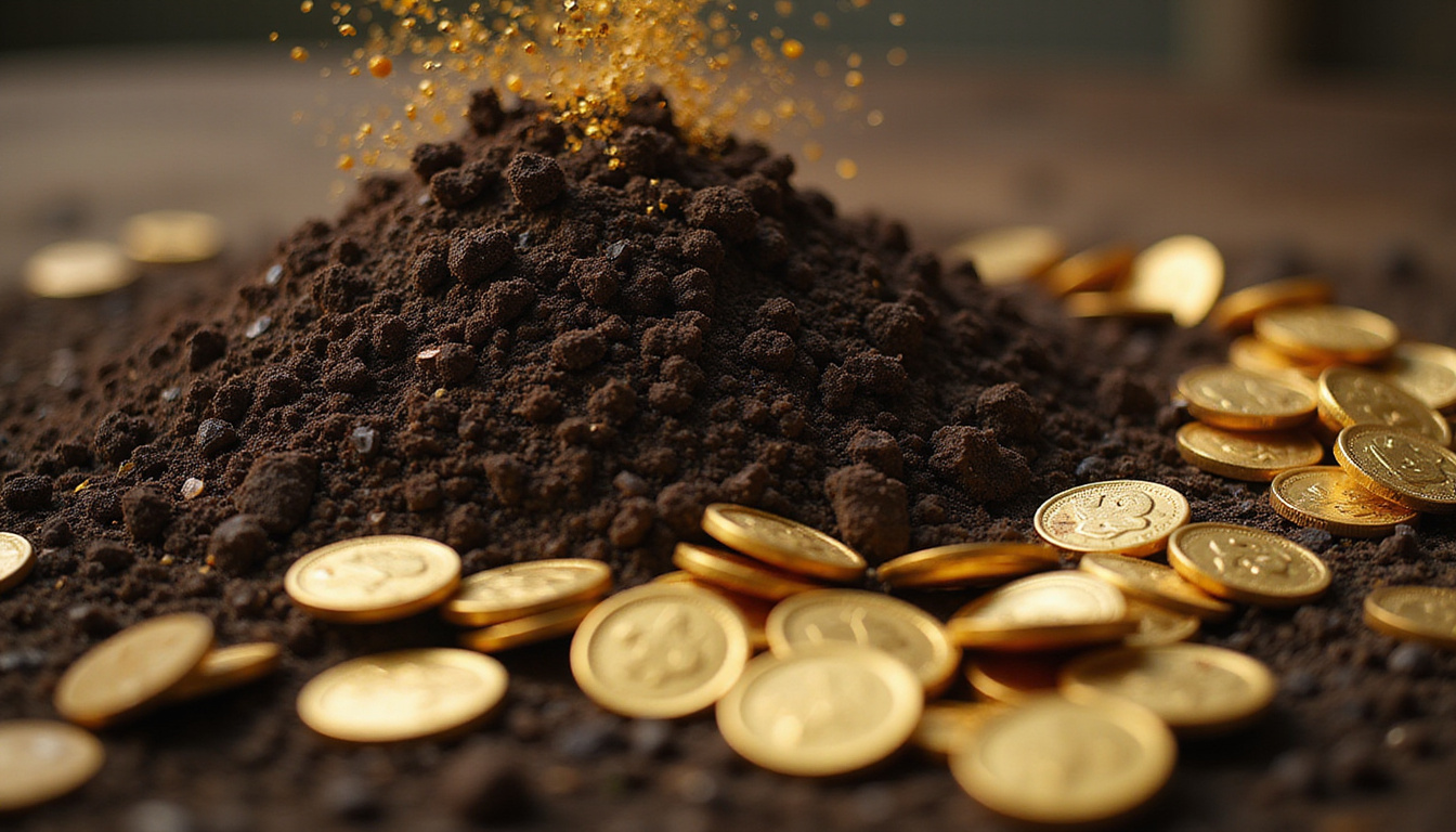  Surreal close-up overflowing compost transforming into rich dark soil and shining gold coins