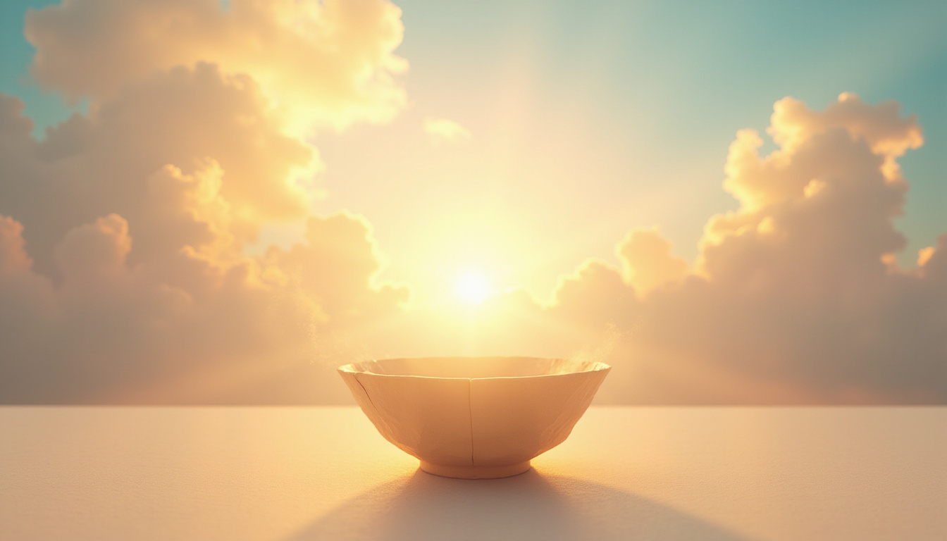  Open mind as empty vessel, floating paper dissolving into golden light, pastel sky